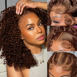 Punmasa Chocolate Brown Bob Wig Human Hair 13x6 Frontal Lace Wig 200% Density HD Lace Front Wigs Human Hair Pre Plucked Bob Wigs for Women #4 Curly Human Hair Wig 18 Inch