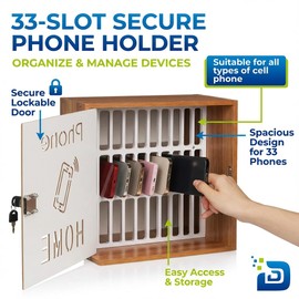 DABOS Wooden Cell Phone Holder with Lock, 33-Slot Desk Phone Holder Storage Cabinet with Handle, Secure Wood Cabinet Desk Organizer for Classroom, Office, Conference Room & Electronics Storage