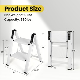 FAHKNS 2 Step Ladder, Aluminum Folding Step Stool with Anti-Slip Sturdy and Wide Pedal, Portable Space Saving Closet Step Stool for Home and Kitchen, Step Stools for Adults, White, 330Lbs