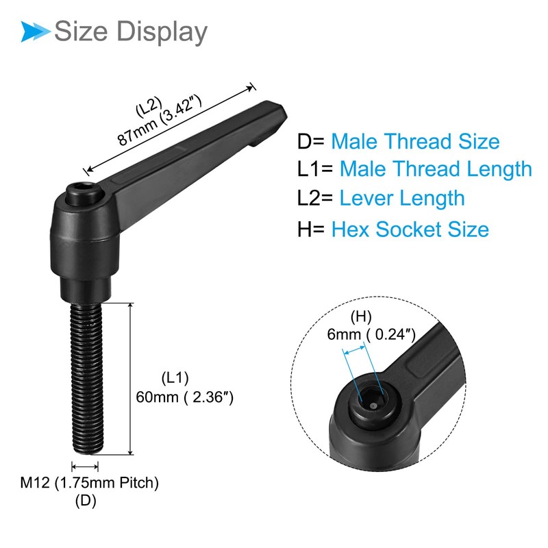 CoCud Clamp Lever Handle M12 x 60mm Male Thread Adjustable