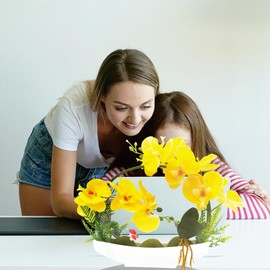 Orchids Artificial Flowers Plant Pot Arrangements,Fake Orchid Desk Plants for Office,Faux Flowers Indoor,Faux Orchid Arrangements for Home (Yellow Round+White vase)