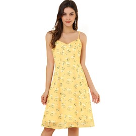 Allegra K Women's Floral Sundress Summer 2025 Easter Tie Shoulder Smocked Spaghetti Strap Dress Large Yellow