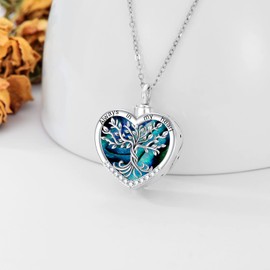 TOUPOP Heart Tree of Life Urn Necklace for Ashes Sterling Silver Abalone Shell Tree of Life Cremation Jewelry w/Funnel Filler Memorial Jewelry Gifts for Women