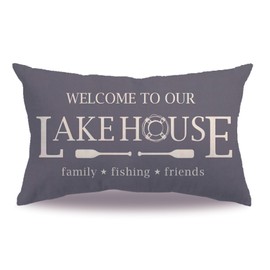7COLORROOM Lake House Decor Throw Pillow Covers Grey Double-Sided Printed Welcome to Our Lake House with Anchor Rectangular/Waist Cushion Cover Farmhouse Summer Home Decor Pillowcases 12”×20” (Grey)