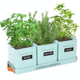 PERFNIQUE Indoor Herb Garden, Herb Planter Set with Tray, Farmhouse Indoor Plant Pots, Windowsill Herb Garden with Drainage(Planter only) for Indoor/Outdoor, Window Pots (Mint)