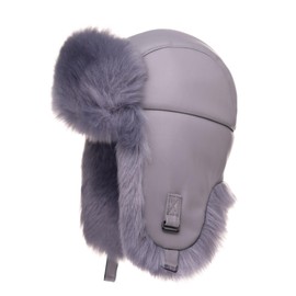 Futrzane Leather Trapper Hat - Russian Hats with Ear Flaps for Men - Bomber Hat (M, Steel Blue - Steel Blue Siberian)