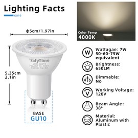 Valytime GU10 LED Light Bulbs 7W (50W -60W-75W Equivalent) GU10 Shape Halogen Replacement Bulb 38° 120V 650Lm Non-dimmable for Track Spot Lighting Indoor Recessed,Natural White 4000K 6 Pack