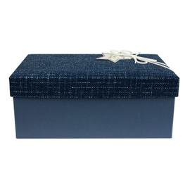 Emartbuy Rigid Gift Box, 25 x 16 x 11 cm, Blue Box with Textured Fabric Blue Lid, Suede Decorative Ribbon and 50g Shredded Paper in Black