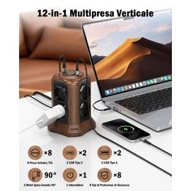 TOPREK Multipresa Verticale Colore Marrone Legno con 8 Prese, 2 Metri Cavo