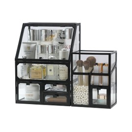 MOOCHI White 3 Pieces Makeup Organizers for Vantity, Luxury Tempered glass, Skin Care Organizer, Drawers,Brush Organizer,Countertop Cosmetics Storage Display Case