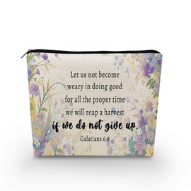 YULUENZE Bible Quote Makeup Bag Floral Canvas Organizer Zipper Pouch Galatians 6:9 We Will Reap A Harvest If We Do Not Give Up Cosmetic Bag Baptism Birthday Present for Christians Women Friends