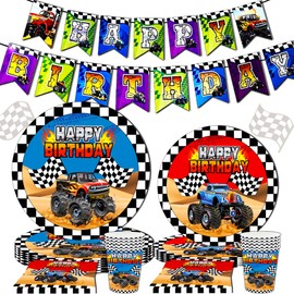 85 PCS Monster Truck Birthday Banner Monster Truck Party Plates and Napkins Smash And Crash Decoration Monster Truck Party Supplies Derby Birthday Decorations