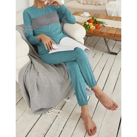 Ekouaer Womens Pajamas Set Long Sleeve Sweatsuits 2 Piece Lounge Set Crewneck Loungewear with Pockets DarkCyan, Medium
