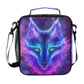 ALAZA Wolf Lunch Box Galaxy Lunch Box Starry Wolf Insulated Lunch Bag Cooler Bag with Shoulder Strap Thermal Meal Tote Kit for School Picnic