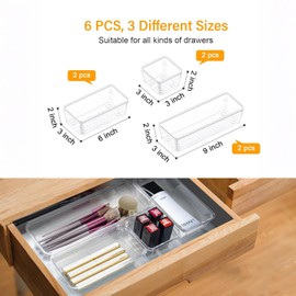 JAONLD Set of 6 Dressing Table Organisers, 3 Sizes, Make-Up Organiser, Drawer, Transparent Drawer Organiser, Suitable for Bathroom, Dressing Table, Cosmetics, Tableware, Kitchen and Office