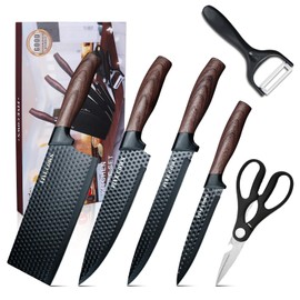 6 Pcs Kitchen Knife Block Set German High Carbon Stainless Steel Chef Knives, Razor-Sharp & Durable, Lightweight Anti-Slip Handle, Professional Set for Home & Kitchen (Brown 6 Piece)