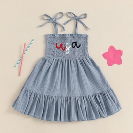 Hekkomird Girls 4th of July Dress Cute Sleeveless Tie Shoulder Letter Embroidery Smocked Dress Toddler Summer Clothes (Blue, 4-5 Years)