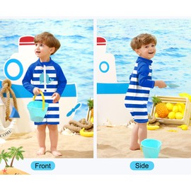 BesserBay Infant Boys One Piece UPF 50+ Surfing Suit Snaps Bottom Zipper Front Blue Striped Whale Rashguard 6-12 Months