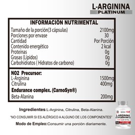L Arginina Platinum 2100mg por porción 3 en 1 con 1500mg arginina, 400mg citrulina, 200mg beta alanina precursor de NO2 Óxido Nítrico Puro, Bote con 90 cápsulas. 1 unidad. Testrol.