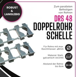 Erwin Weiß GmbH 2 x Double Pipe Clamp Steel I Mounting Clamp for Pipes up to 60 mm Diameter I Max. 6 cm Pipe Distance I Pipe Clamp for Mast Bracket I Mast Clamp with Threaded Rod M8