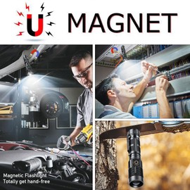 Rechargeable Magnetic Flashlight High Lumens - 1500 Meters Long Beam Super Bright LED Tactical Flashlight with Holster USB Zoomable 5Modes Small Long Beam Spotlight Flashlight for Camping