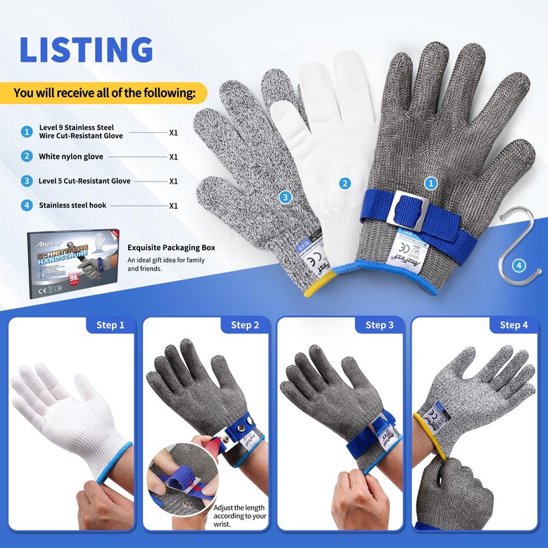 AmzFirst Cut Resistant Gloves Food Grade & Stainless Steel Mesh