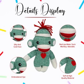 Made By Aliens Adorable Sock Monkey 6 Inches, The Original Traditional Hand Knitted Stuffed Animal Toy Gift-for Kids, Babies, Teens, Girls and Boys Baby Doll Present Puppet (Green)