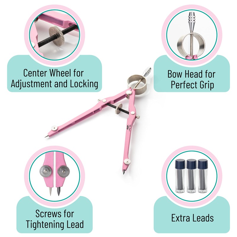 Mr. Pen- Professional Compass for Geometry, Pink, Extra Leads, Metal