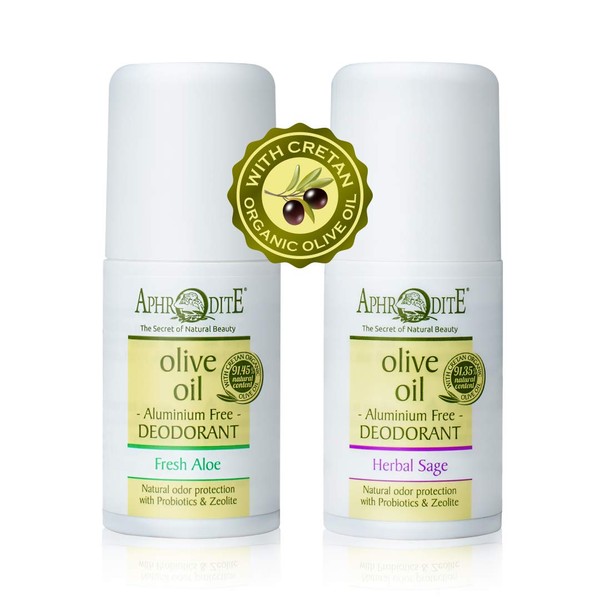 Aphrodite Roll-On Deodorant Bundle - Aluminum Free Deodorant Set. Includes Fresh Aloe & Herbal Sage Naturally Scented Deodorants. Natural Odor Protection Formula Infused with Organic Olive Oil