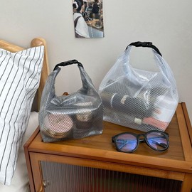 Waterproof Mesh Cosmetic Bag for Travel Gym Bathroom Makeup Organizer with Handle Portable Make up Pouch White