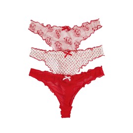 Verdusa Women's 3 Pack Lettuce Trim Bow Thong Panties Low Waist Underwear Red and White S