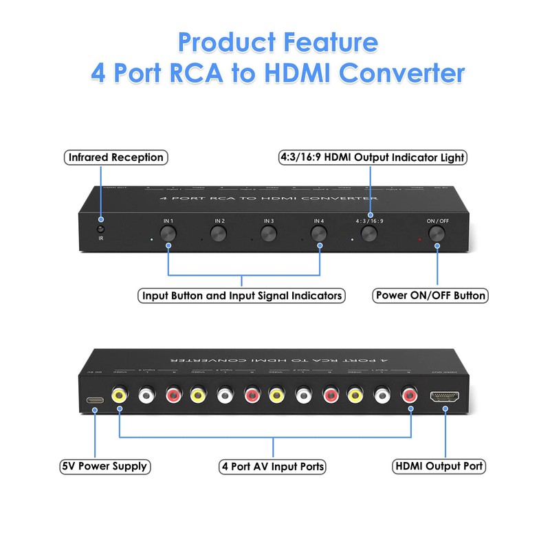 OseTub 4 Port RCA to HDMI Converter with UPGRADE TECHNOLOGY