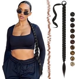 FESHFEN Long Braided Ponytail Extensions with Hair Tie, 26 inch Off Black Straight Wrap Around Hair Piece Ponytails for Women Synthetic Pony Hairpieces for Daily Wear