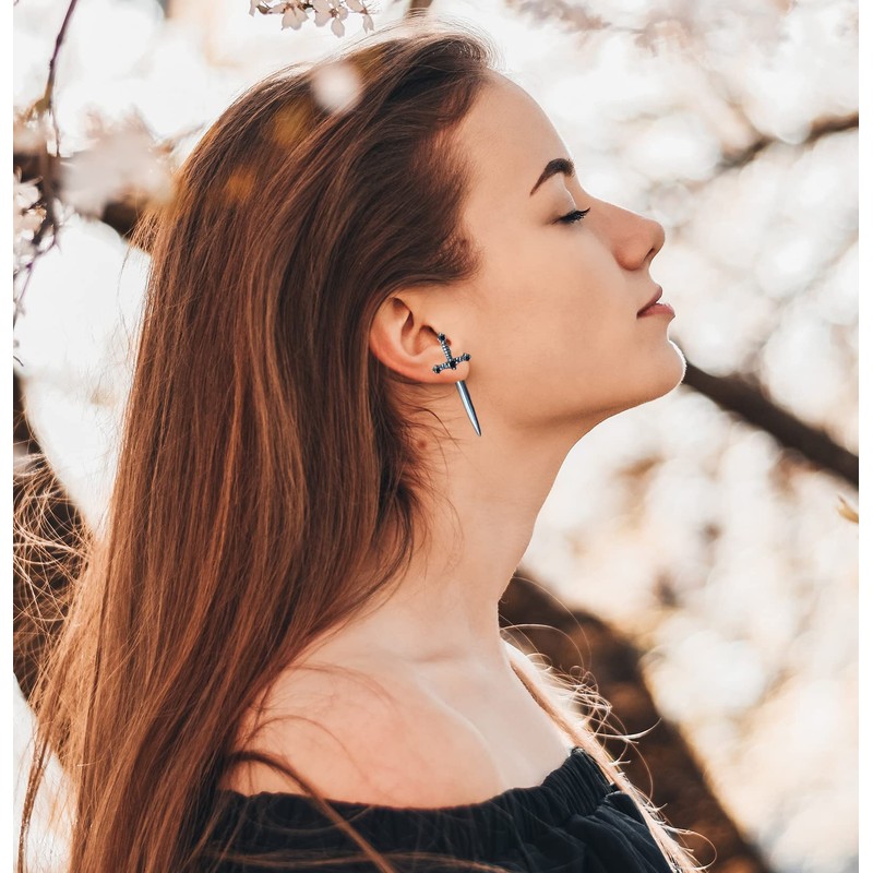 Gothic Sword Earrings Rhinestone Dagger Earrings Black Retro Sword Screw