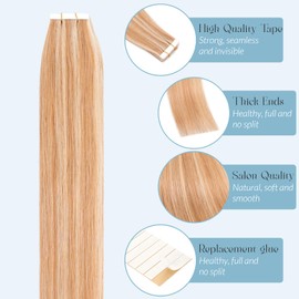 MY-LADY Tape Hair Extensions Real Remy Invisible Tape in Hair Extensions Human Hair for Women Straight 10 Inch 10 Pieces #12/613 Golden Brown Mix Bleach Blonde 10g