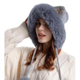 Plush Beanie Hat Faux Fur Winter Warm Cover Ears Cute Pompom Cat Ear Bucket Caps for Womens Grey
