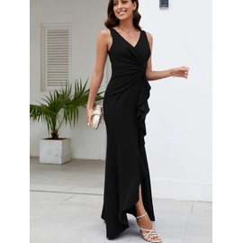 FQA Long Black Evening Gowns for Women Formal Dresses for Women Evening Party Elegant V Neck Sleeveless Split Wrap