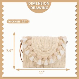 QTKJ Straw Crossbody Bag for Women, Clutch Purses, Bohemian Handmade Woven Handbags, Tassels Summer Beach Bag, Envelope Wallet(White)