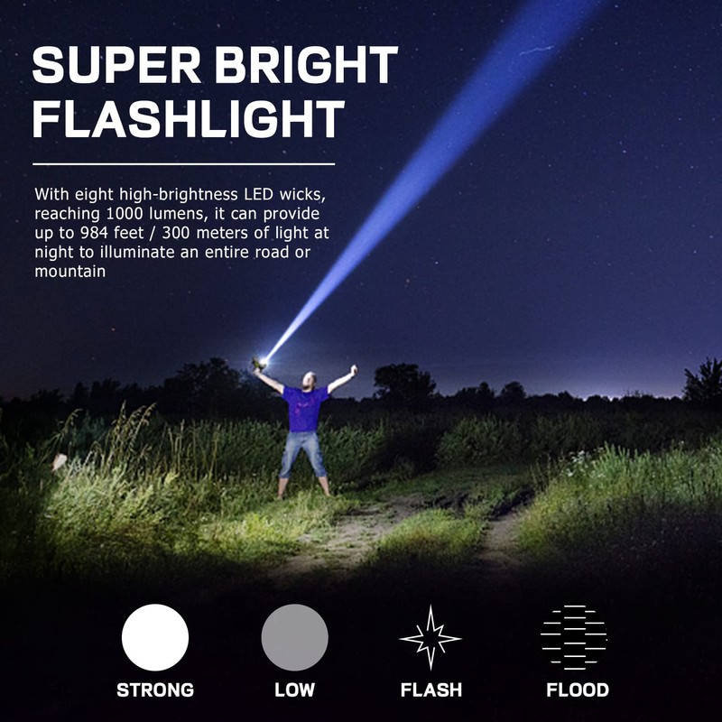 8 LED Solar Flashlight with COB Sidelight, 1000 Lumens Solar