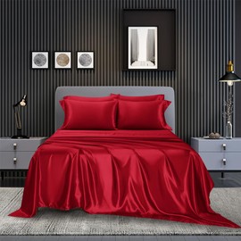 AiMay 4 Piece Queen Size Satin Bed Sheet Set Deep Pocket Solid Burgundy Color Luxury Silky Super Soft 1 Flat Sheet 1 Fitted Sheet 2 Envelope Style Pillowcases Reversible Honeymoon(Burgundy, Queen 4pc)