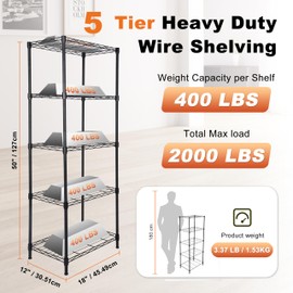 Whitmor 5 Tier Storage Shelves, Heavy Duty Metal Shelving, 400 lbs Capacity per Shelf, 2000 lbs Total, Easy Assembly for Kitchen, Garage, Plant, 18" L x 12" W x 50" H, Black