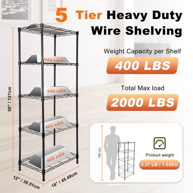 Whitmor 5 Tier Storage Shelves, Heavy Duty Metal Shelving, 400