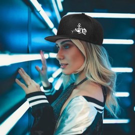 Tijeyi Anchor Fish Bones Snapback Hats for Men Funny Fish Skull Beach Flat Bill Brim Baseball Cap Cool Black Adjustable Fishing Hat for Fisherman Dad Boys