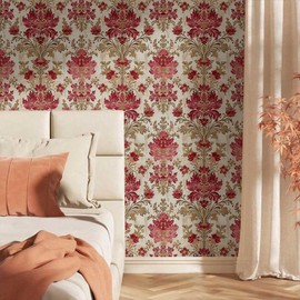 Vintage Red Yellow Brown Damask Flower Peel and Stick Wallpaper Wall Decor Self Adhesive Wall Paper Stick on Easy Peel Off Contact for Renter Apartment