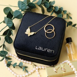 Customizable Compact Velvet Jewelry Box with Mirror, Travel Jewelry Case, Travel Jewelry Organizer, Jewelry Box for Women and Girls, Small Jewelry Organizer (Bottom Right Text, Black)