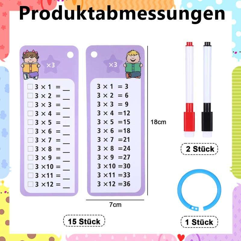 1x1 Flashcards, 15 Pieces Multiplication Table and 2 Dry Wipe