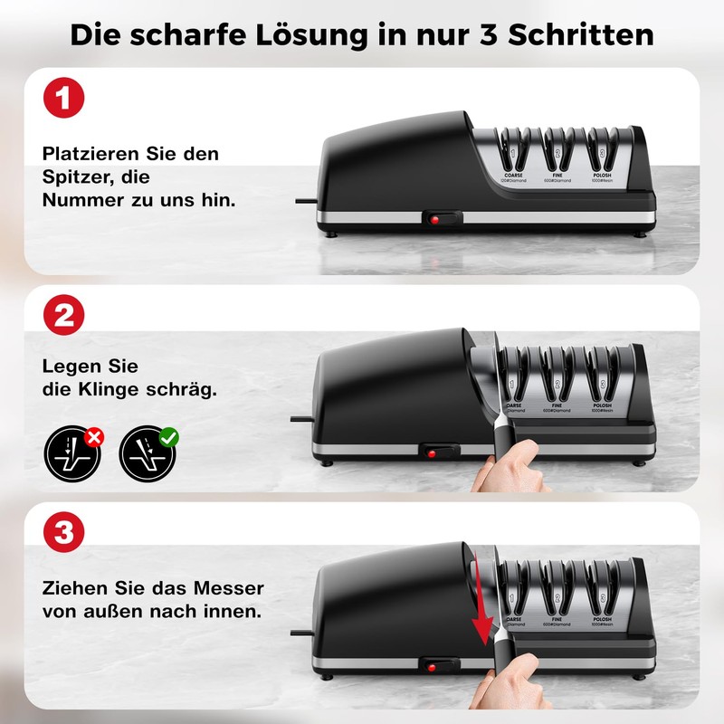 Professional Electric Knife Sharpener, 3-Stage Diamond Abrasive Sharpening System, Replaceable