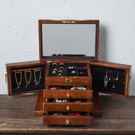 FEECOZ Wooden Jewelry Box for Women, Solid Wood Jewelry Organizer with Mirror and 3-Drawer, Ring,Necklacel,Vintage Style Storage Box with Lock (Dark Brown（Rose Pattern)