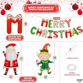 KatchOn, Merry Christmas Balloons with Elf, Santa Balloons - Big, 38 Inch Elf Balloons| Merry Christmas Letter Balloons | Christmas Foil Balloons | Merry Christmas Banner, Christmas Party Decorations