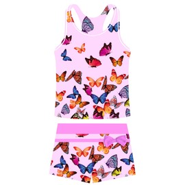 Belovecol Girls Swimsuit Size 10-11 Pink Butterfly Bathing Suit with Boyshorts Stretch UV Protection Rash Guard Set Summer Two Piece Halter Tankini